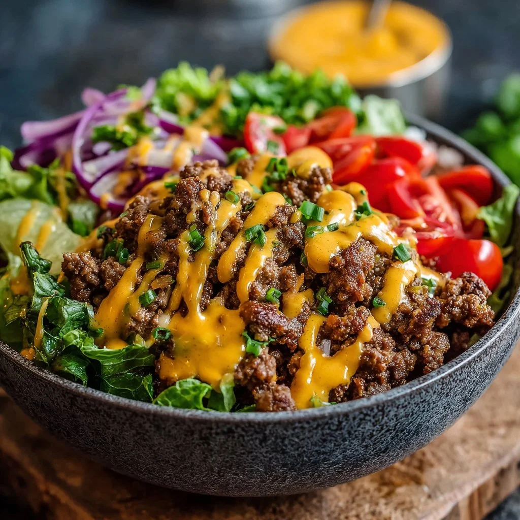 High-protein cheeseburger bowl loaded with beef, veggies, and toppings.