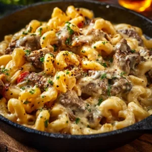 High-Protein Creamy Philly Cheesesteak Mac & Cheese Bliss 3 Creamy Philly cheesesteak mac and cheese topped with melted cheese and steak slices