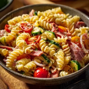 High Protein Italian Pasta Salad with colorful vegetables and dressing