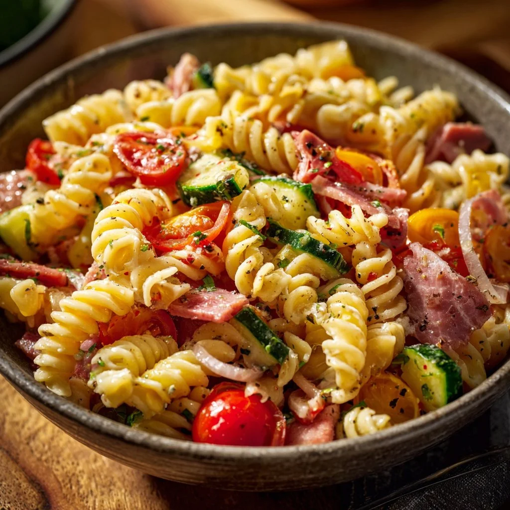 High Protein Italian Pasta Salad with colorful vegetables and dressing