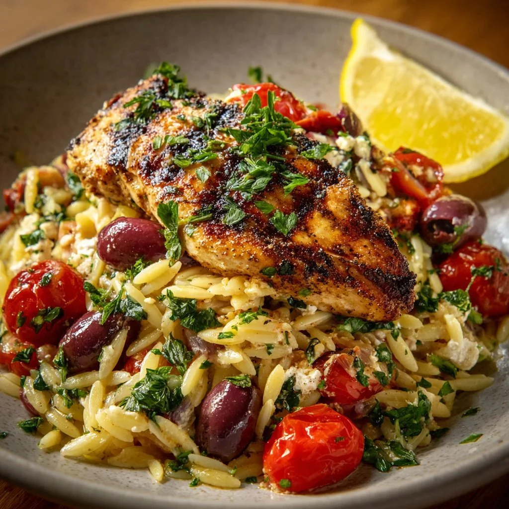 High protein Mediterranean chicken orzo dish with vegetables and herbs