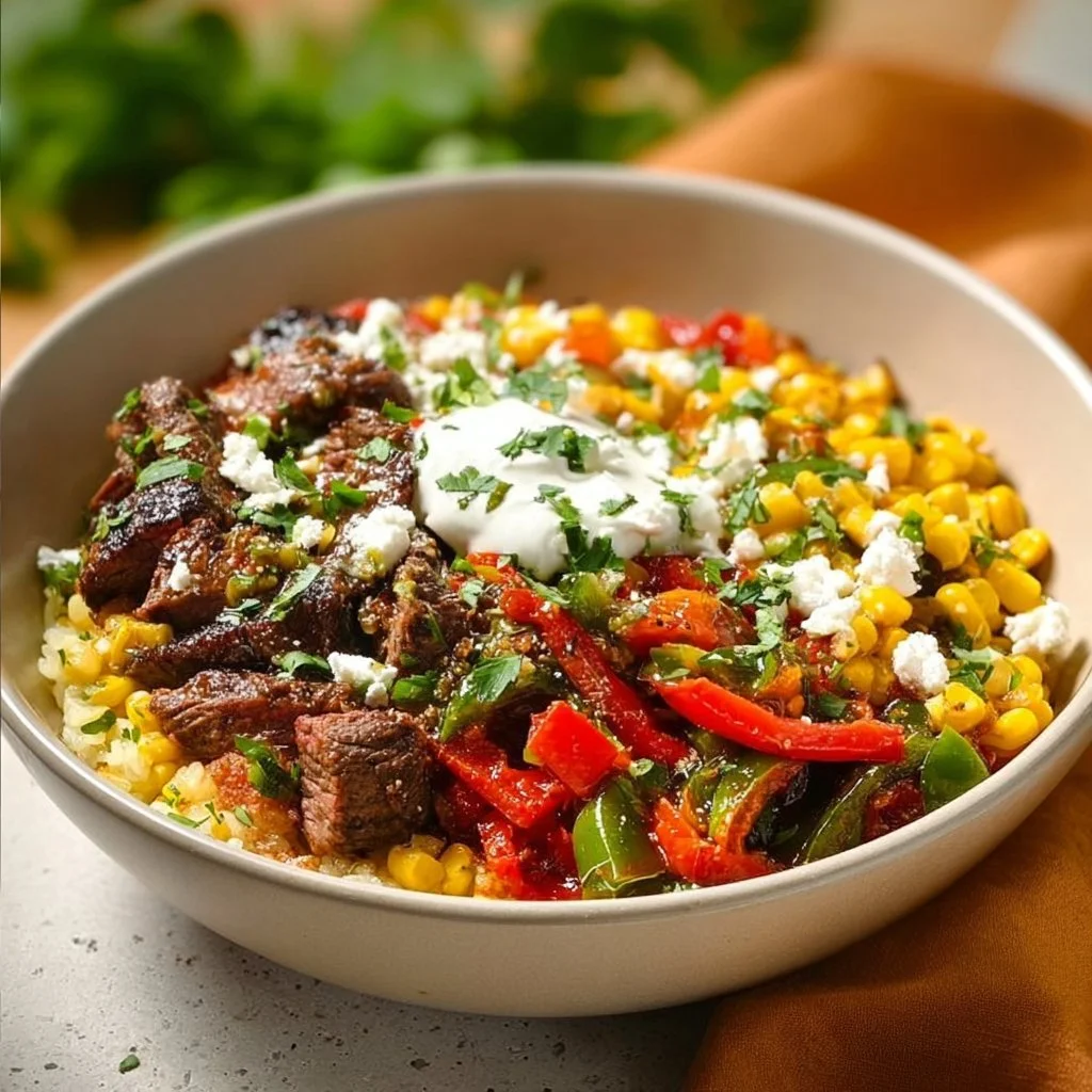 High protein steak fajita bowl with colorful peppers and onions