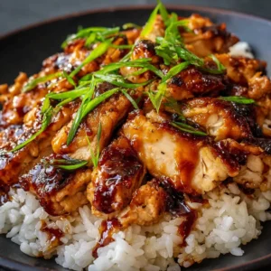 Honey BBQ Chicken Rice 3 Delicious Honey BBQ Chicken served on rice with garnishes