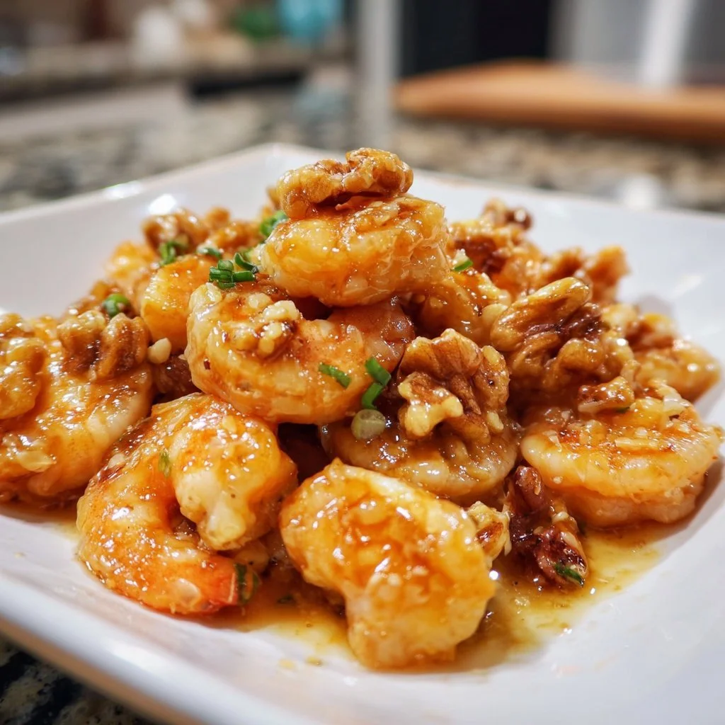 Delicious Honey Walnut Shrimp served with a sweet glaze and crunchy walnuts