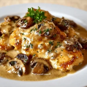 Creamy Mushroom Asiago Chicken served with fresh herbs and pasta