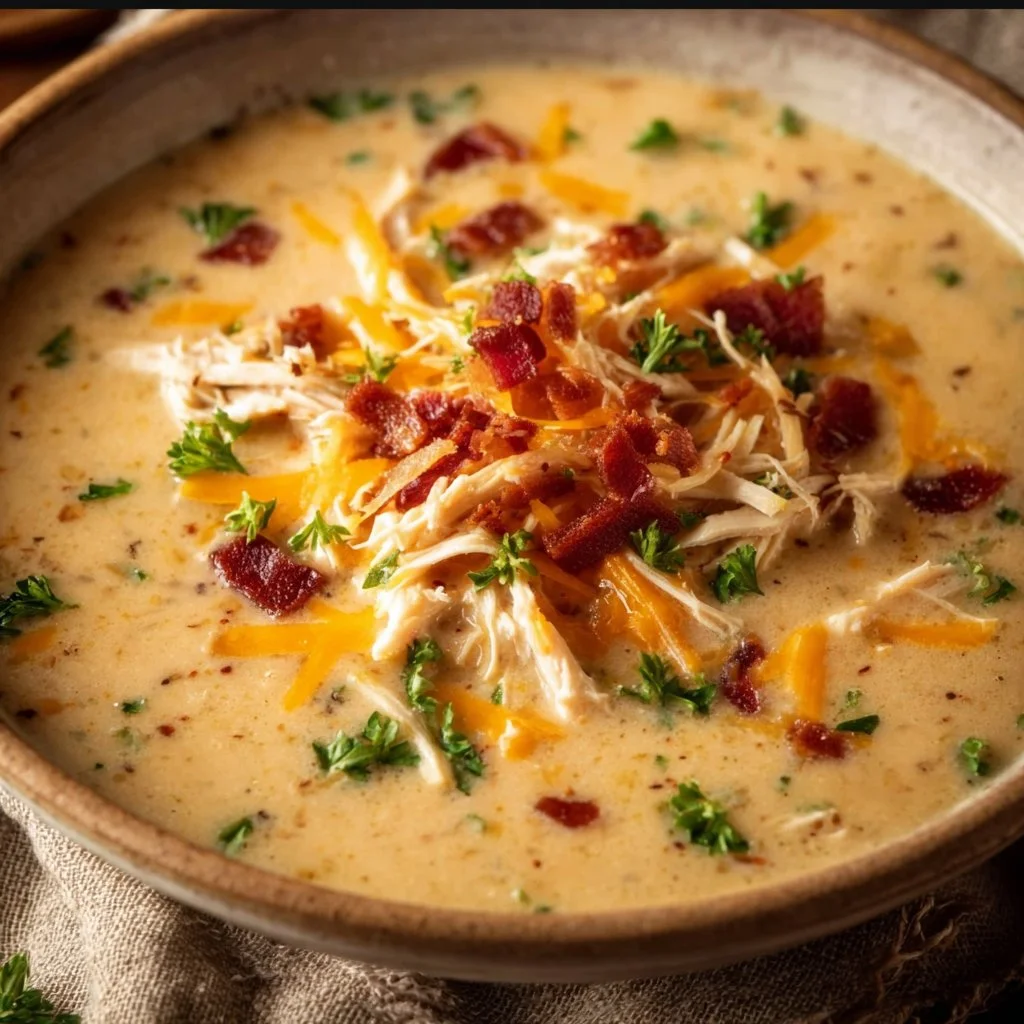 Bowl of Low Carb Crack Chicken Soup garnished with herbs