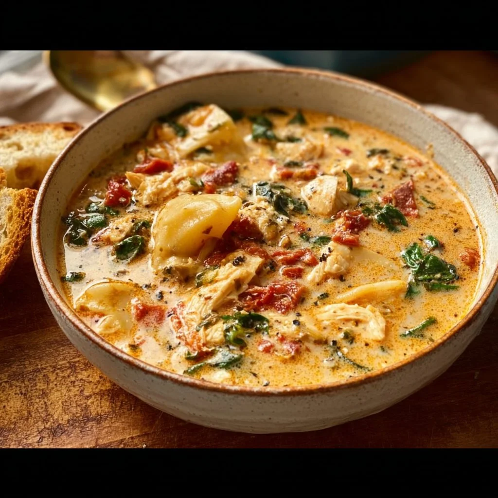 Delicious Marry Me Tuscan Chicken Soup in a bowl with herbs and cream