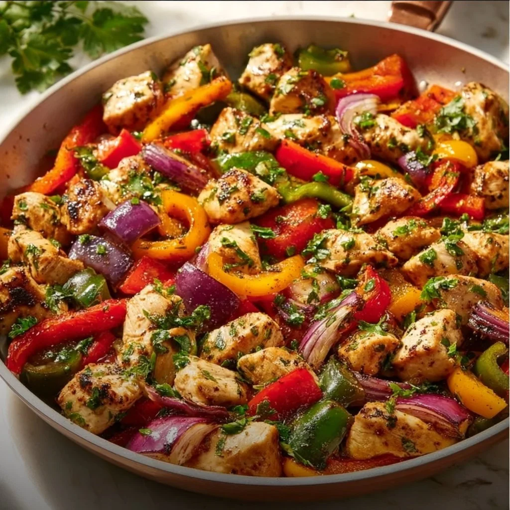 Mediterranean Chicken Stir Fry with colorful vegetables in a skillet