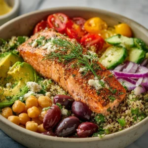 Mediterranean Salmon Bowl 3 Mediterranean Salmon Bowl with colorful vegetables and grains