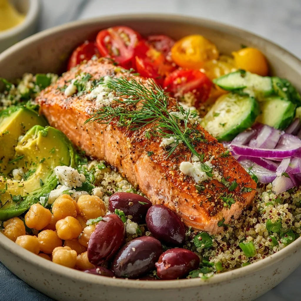 Mediterranean Salmon Bowl with colorful vegetables and grains