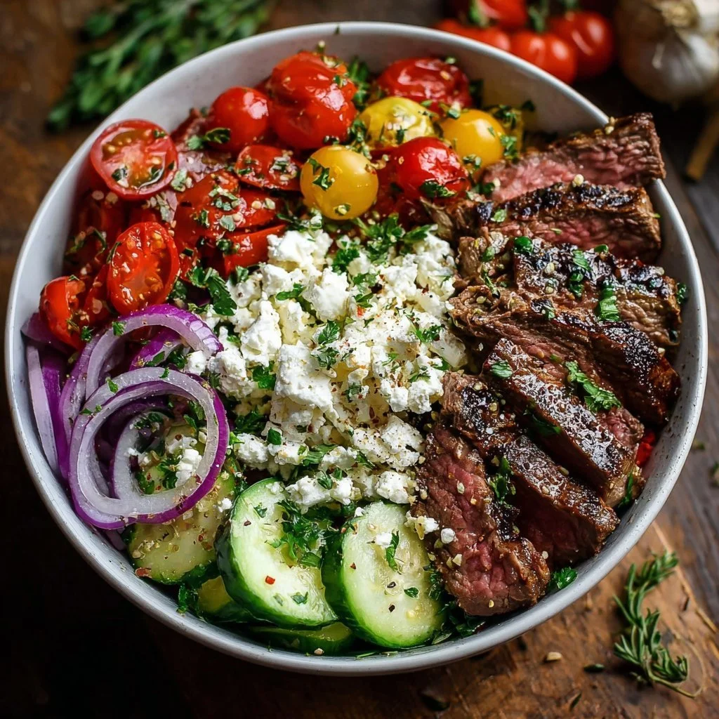 Mediterranean steak bowl with grilled meat and fresh vegetables