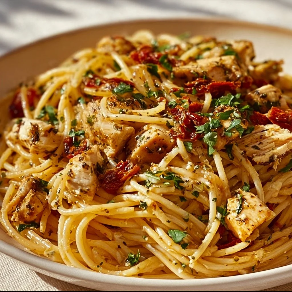 Delicious Monterey Chicken Spaghetti served with fresh herbs and vegetables