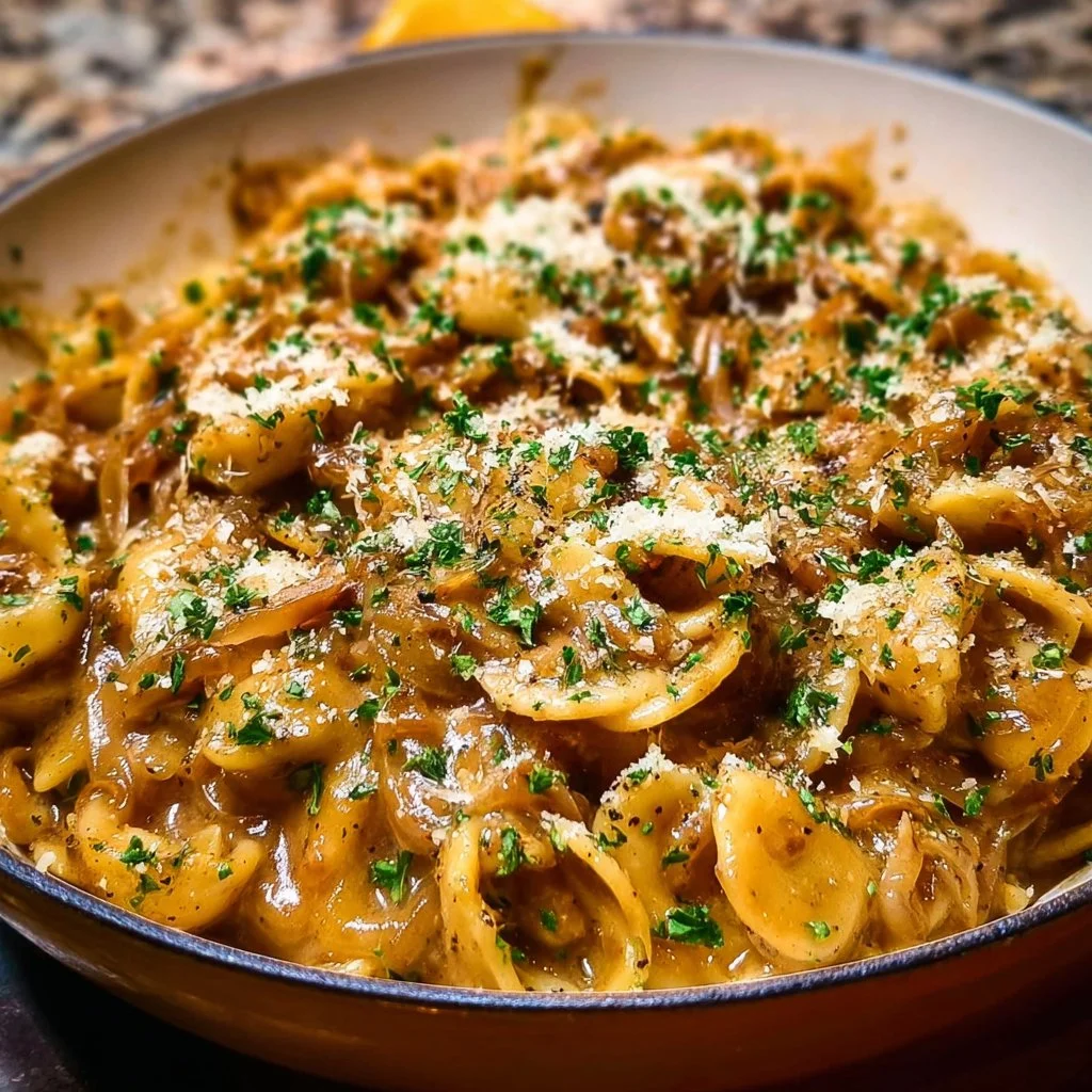 One Pot French Onion Pasta with caramelized onions and melted cheese