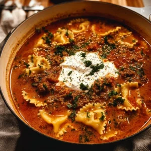 Delicious one-pot lasagna soup served in a bowl with cheese and herbs