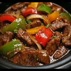 Delicious pepper steak cooked in a crock pot with vibrant bell peppers