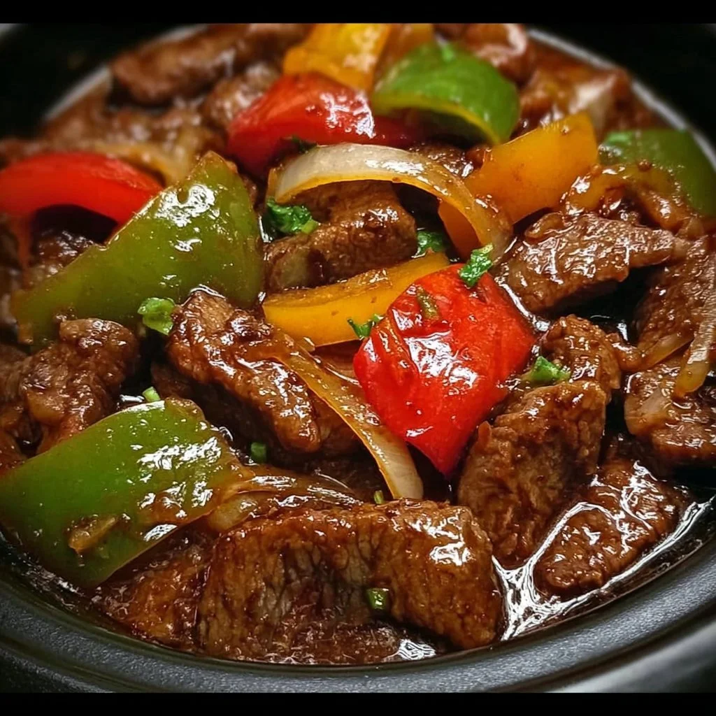 Delicious pepper steak cooked in a crock pot with vibrant bell peppers