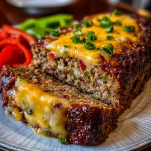 Philly Cheesesteak Meatloaf garnished and ready to serve.