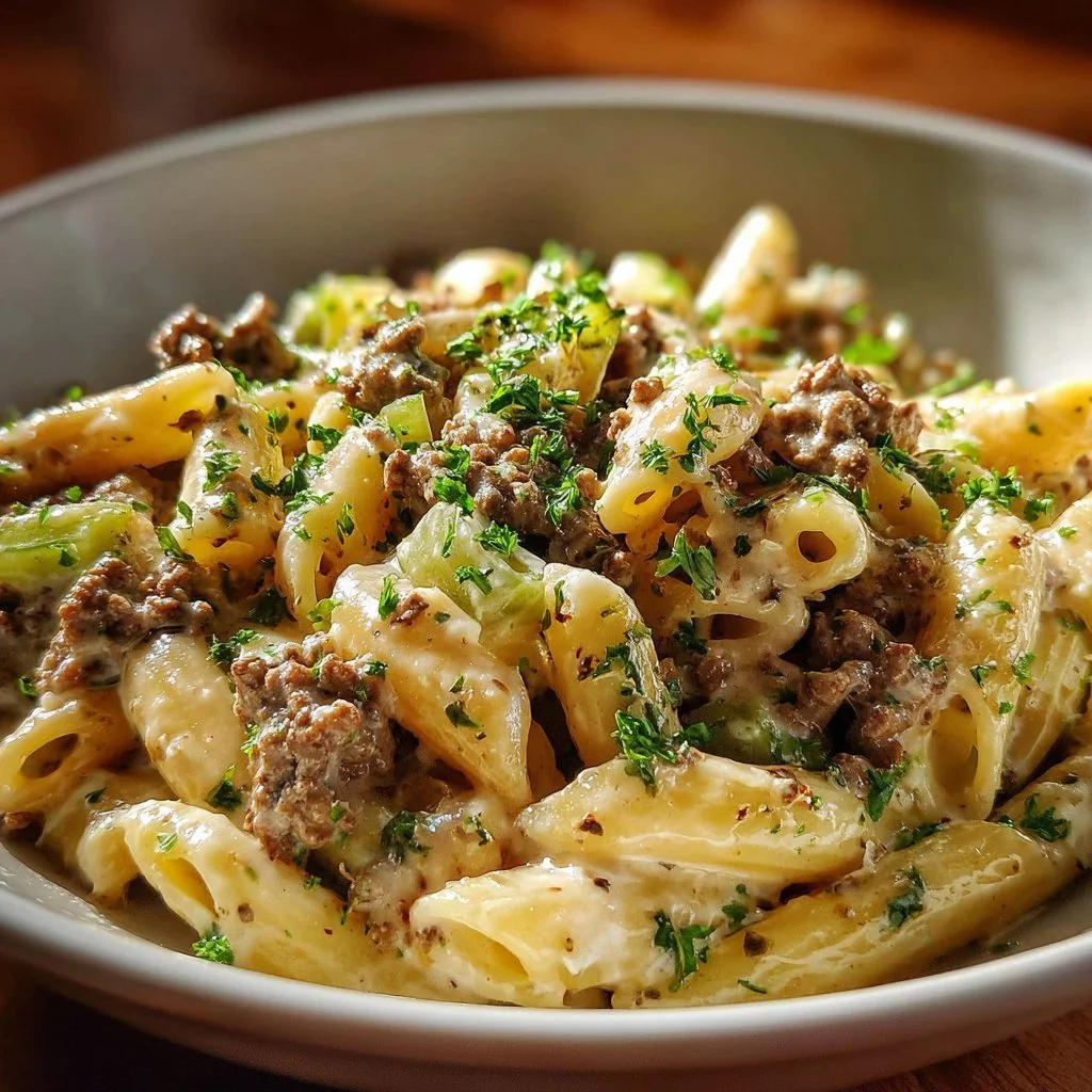 Delicious Philly Cheesesteak Pasta dish served in a bowl