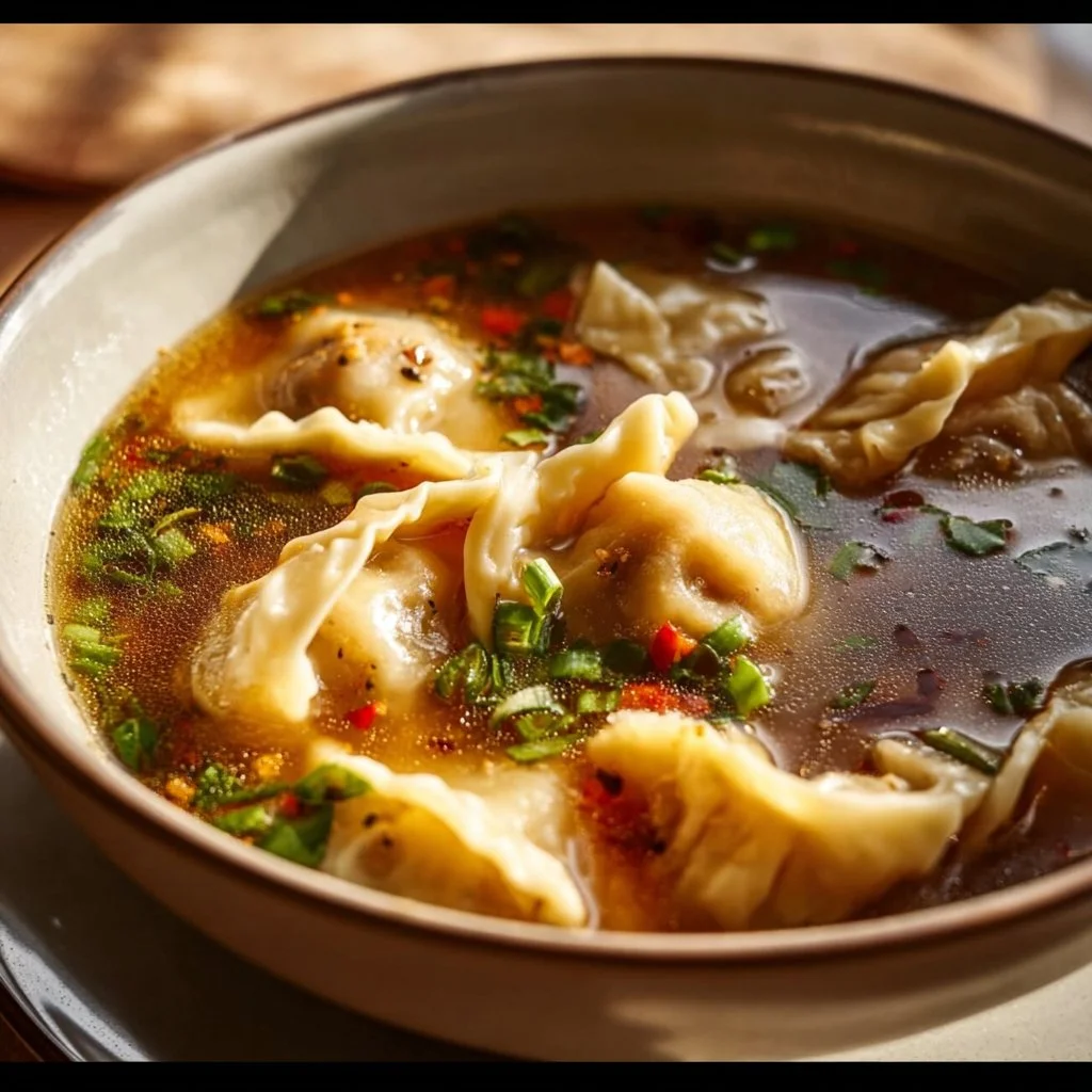 Bowl of comforting Potsticker Soup with dumplings and green onions