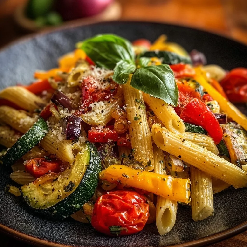 A vibrant plate of roasted vegetable pasta topped with fresh herbs and cheese.