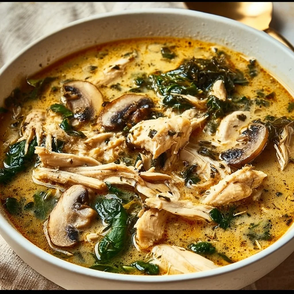 Bowl of rotisserie chicken mushroom soup with fresh herbs on top
