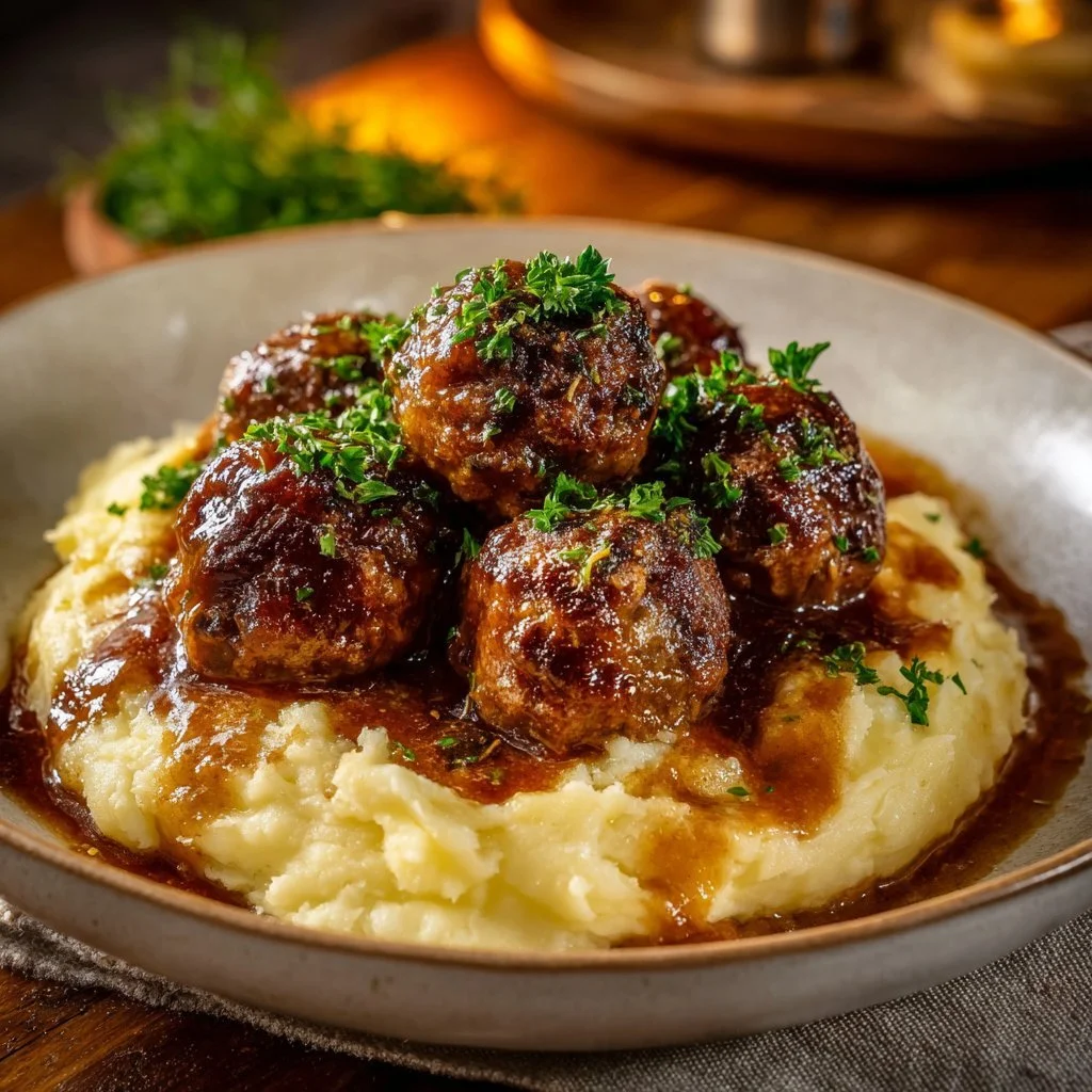 Salisbury steak meatballs with garlic herb mashed potatoes