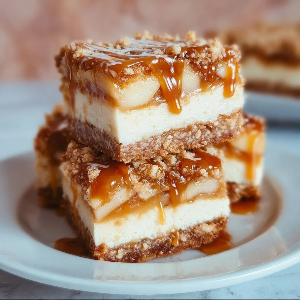 Salted Caramel Apple Cheesecake Crunch Bars 1 Delicious salted caramel apple cheesecake crunch bars topped with caramel sauce.