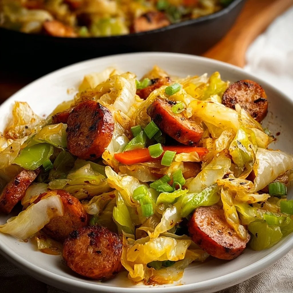 Sausage and cabbage stir fry in a skillet, showcasing vibrant colors and ingredients.