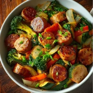Sausage Veggie Skillet Bowl with colorful vegetables and sausage pieces