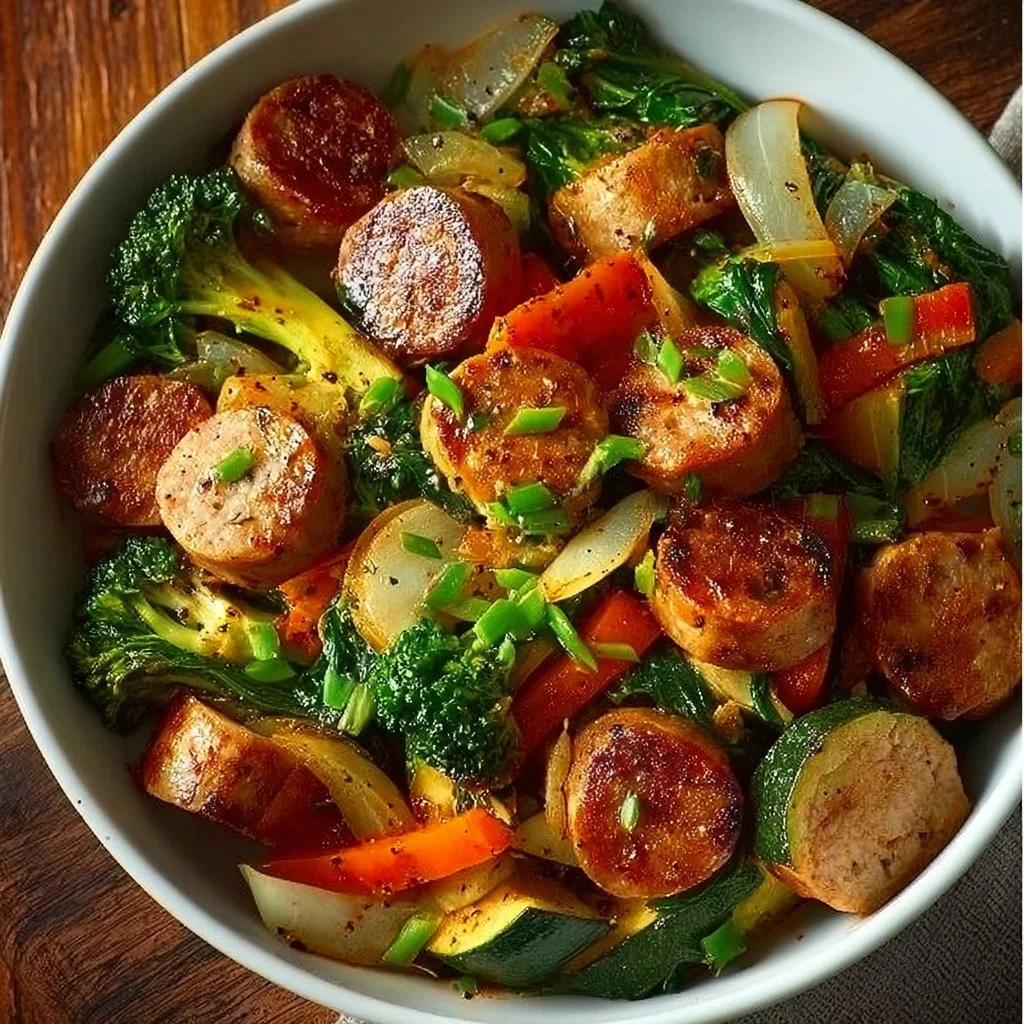 Sausage Veggie Skillet Bowl with colorful vegetables and sausage pieces