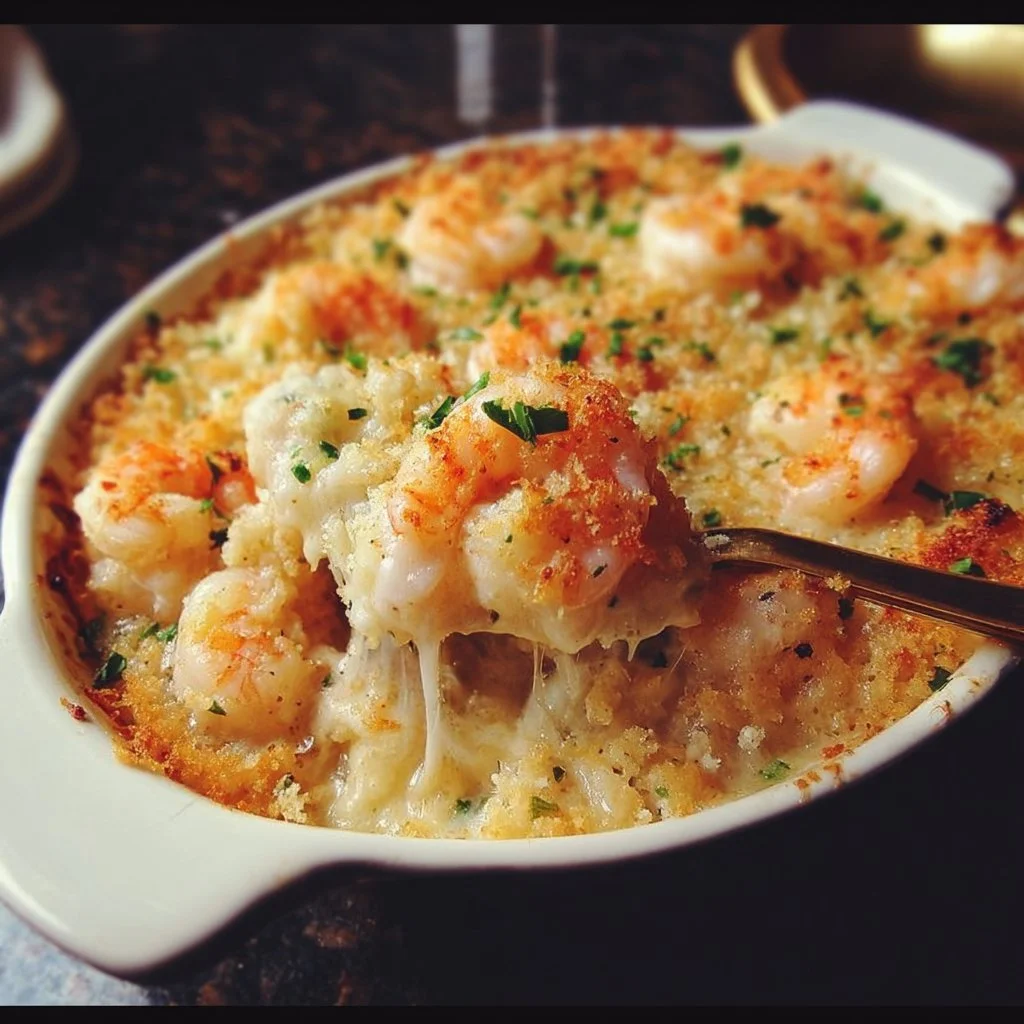 Delicious homemade shrimp casserole topped with breadcrumbs and cheese.