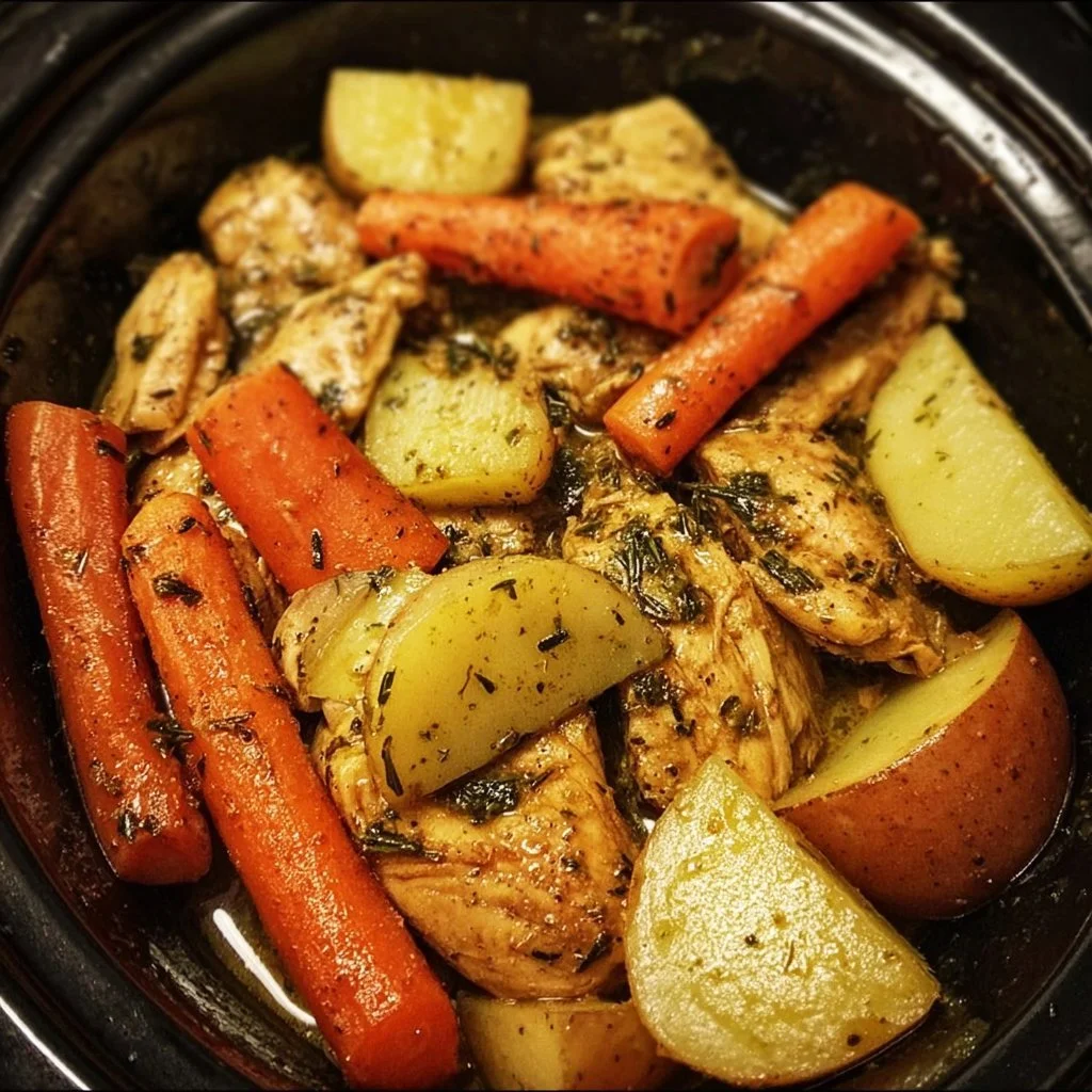 Slow cooker garlic butter chicken with vegetables on a plate