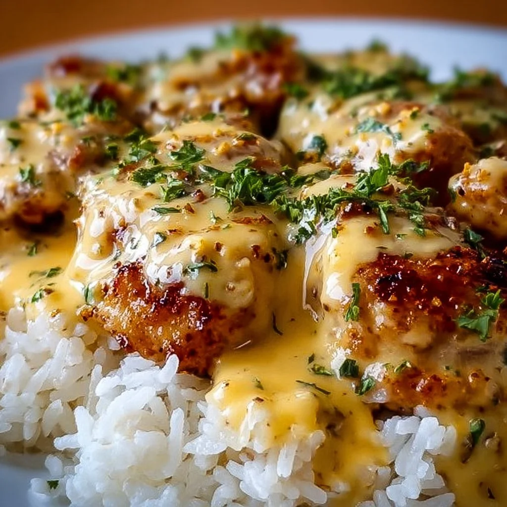 Delicious plate of smothered chicken served with fluffy rice and rich gravy