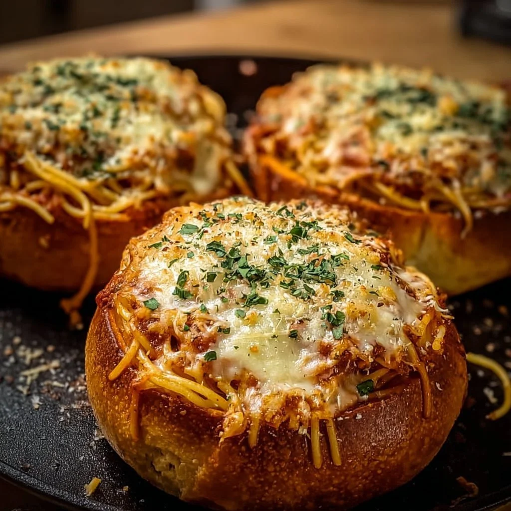 Spaghetti served in garlic bread bowls, a delicious Italian-inspired dish