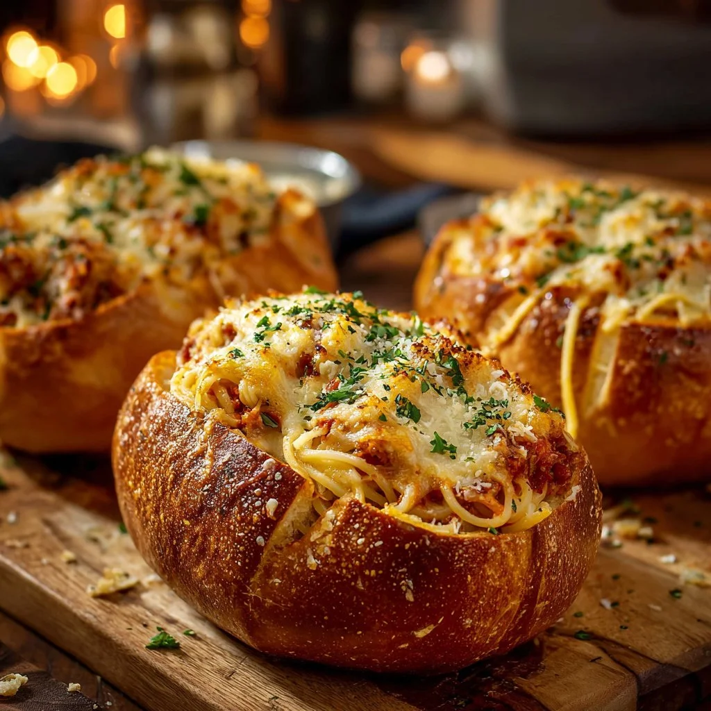 Spaghetti Garlic Bread Bowls