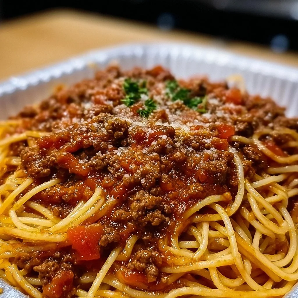 Bowl of spaghetti topped with rich meat sauce garnished with herbs