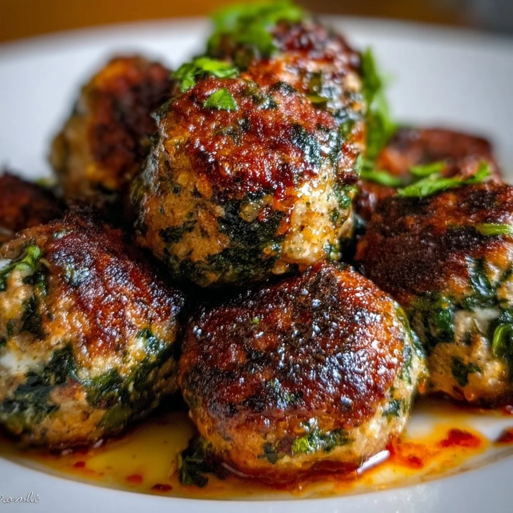Delicious spinach garlic meatballs prepared and served hot.