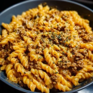 Stovetop creamy ground beef pasta served in a bowl with herbs on top