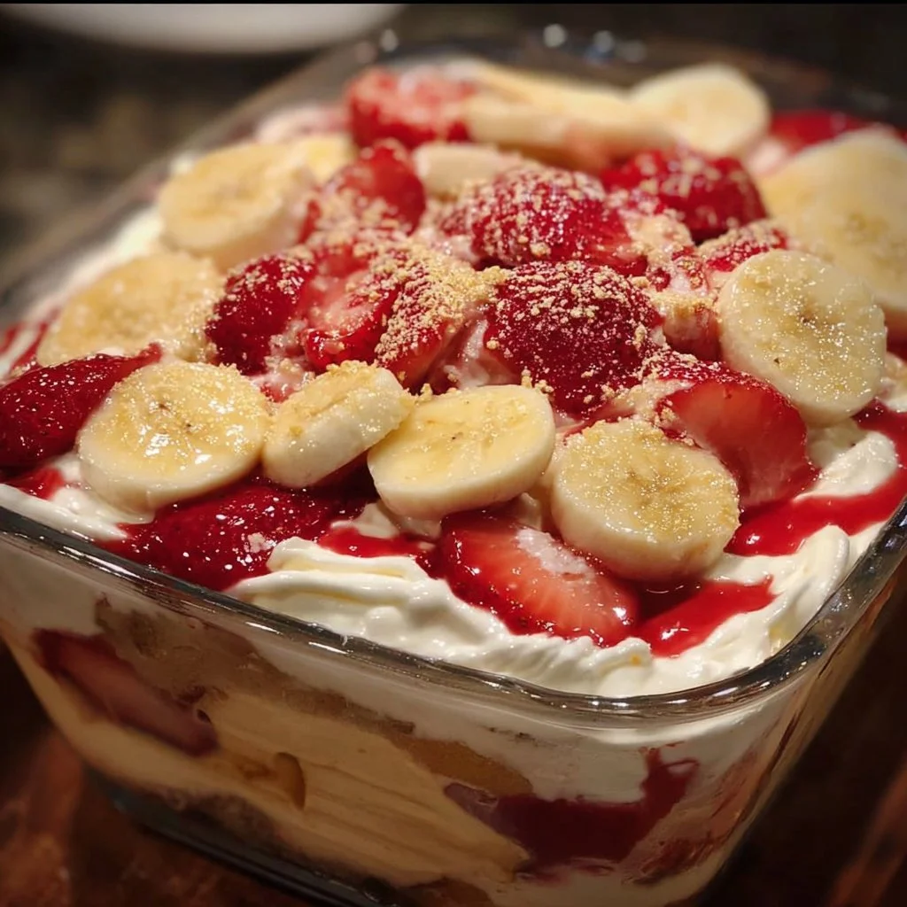 Delicious strawberry banana pudding in a glass with fresh fruit toppings.