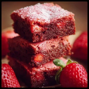 Delicious strawberry brownies topped with fresh strawberries and chocolate drizzle