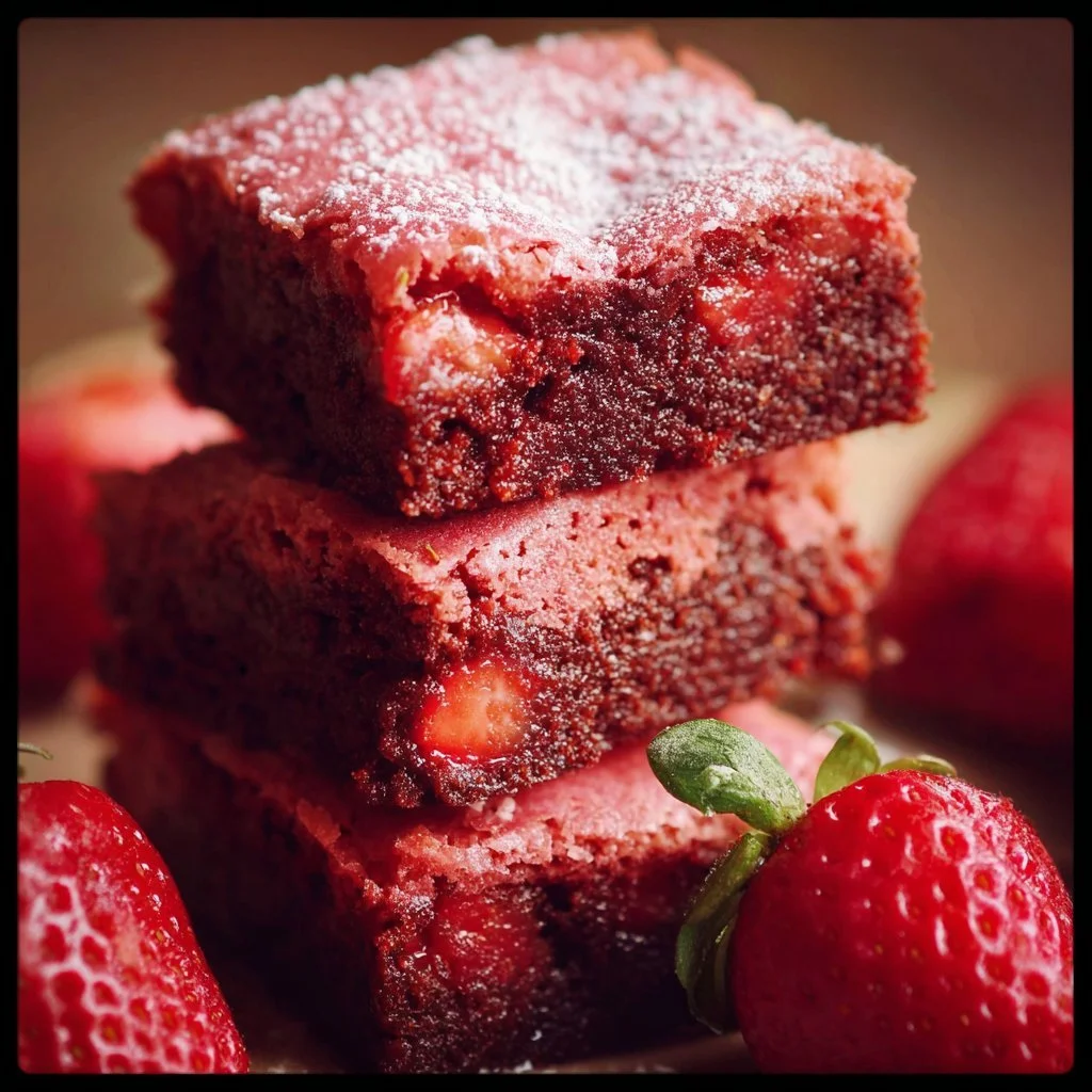 Delicious strawberry brownies topped with fresh strawberries and chocolate drizzle