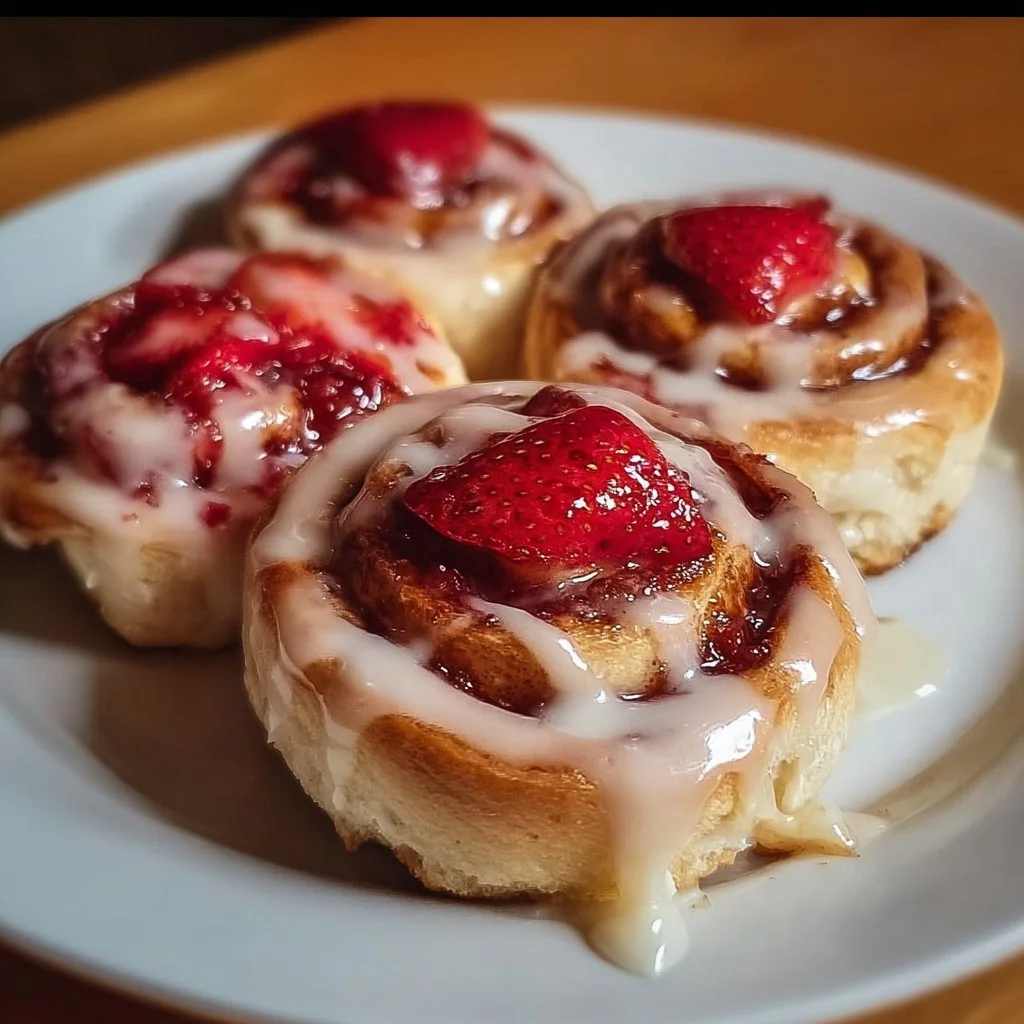 Strawberry Cheesecake Cinnabon Rolls topped with strawberries and cream cheese icing