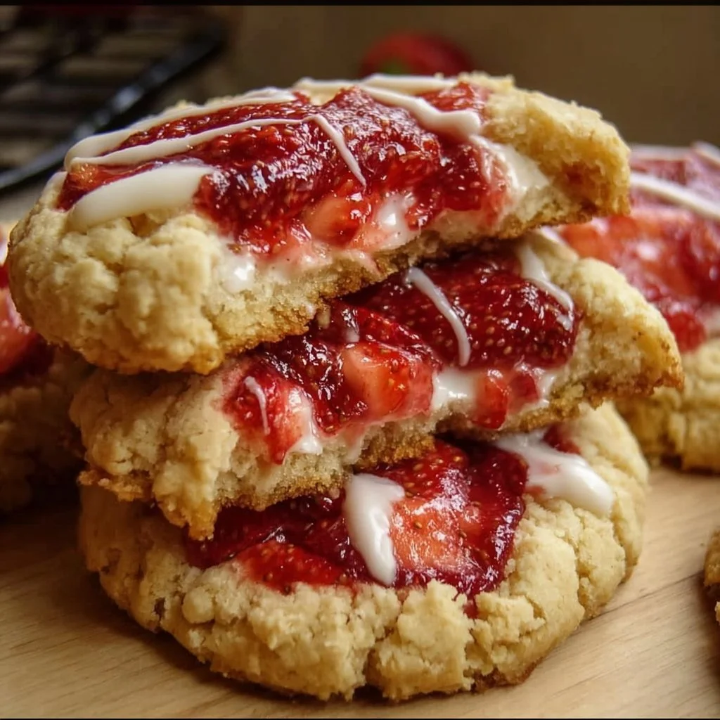Delicious strawberry cheesecake cookies topped with fresh strawberries.