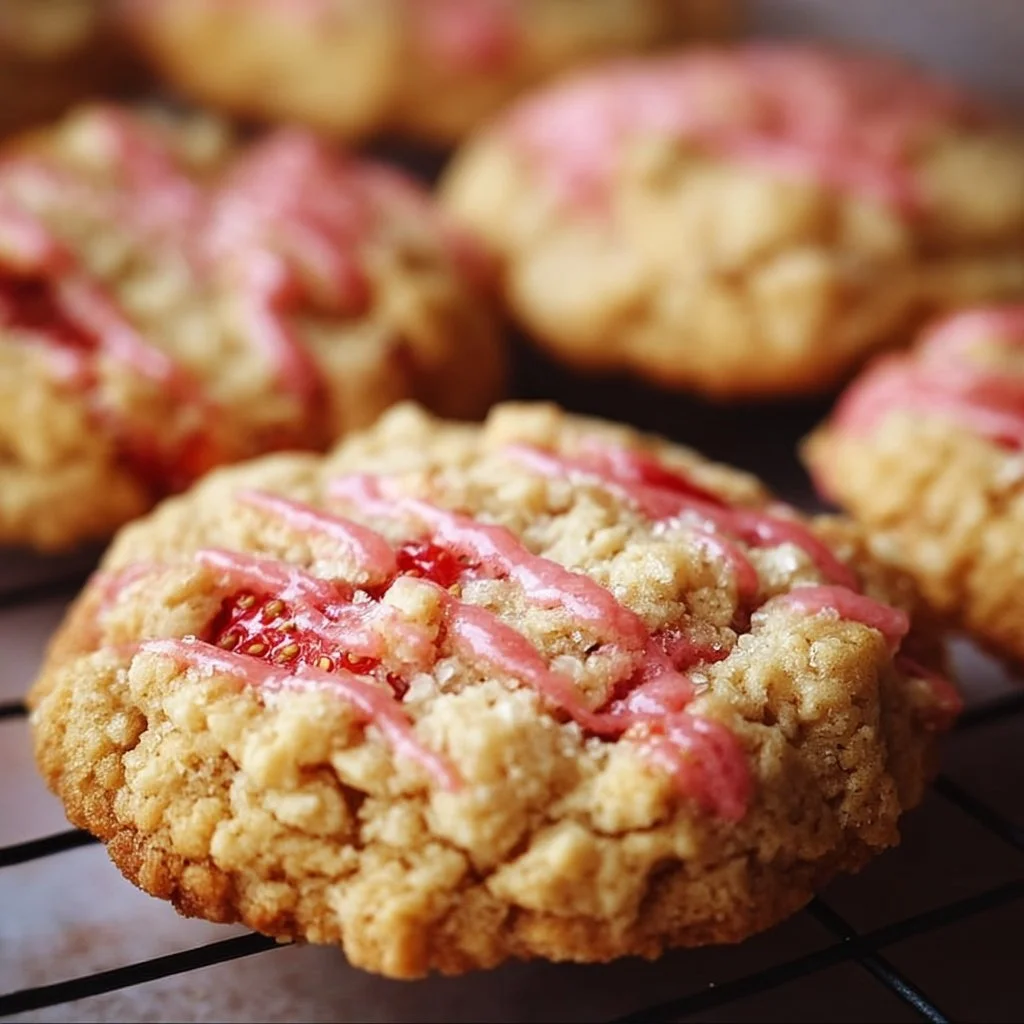 Delicious strawberry crunch cookies with a crispy topping and fresh strawberries