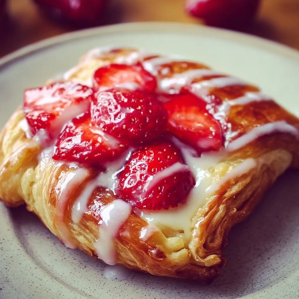 Freshly baked Strawberry Danish pastry with strawberries on top
