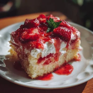 A slice of Strawberry Earthquake Cake topped with fresh strawberries and cream cheese frosting.