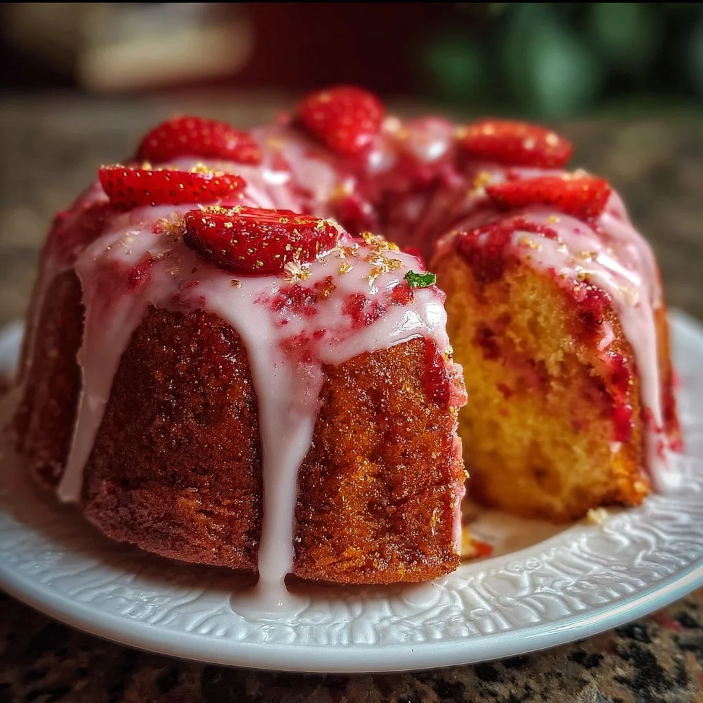 Deliciously moist Strawberry Honeybun Cake with fresh strawberries and icing