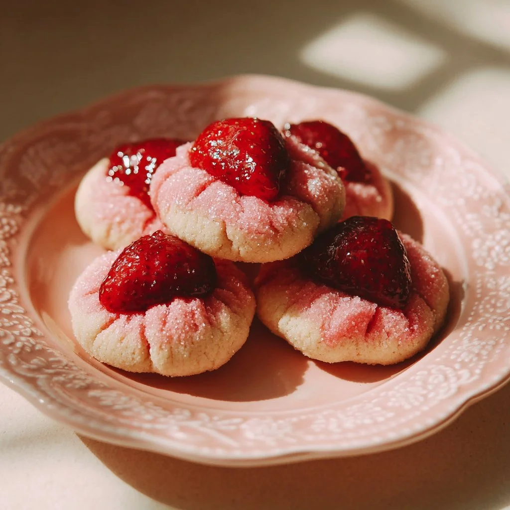 Delicious Strawberry Kiss Cookies topped with chocolate