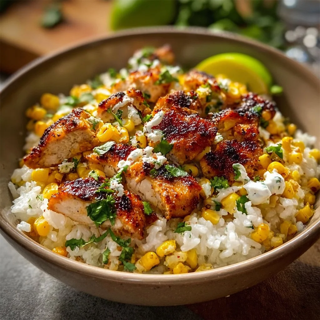 Street Corn Chicken Rice Bowl 1 Delicious Street Corn Chicken Rice Bowl garnished with fresh ingredients