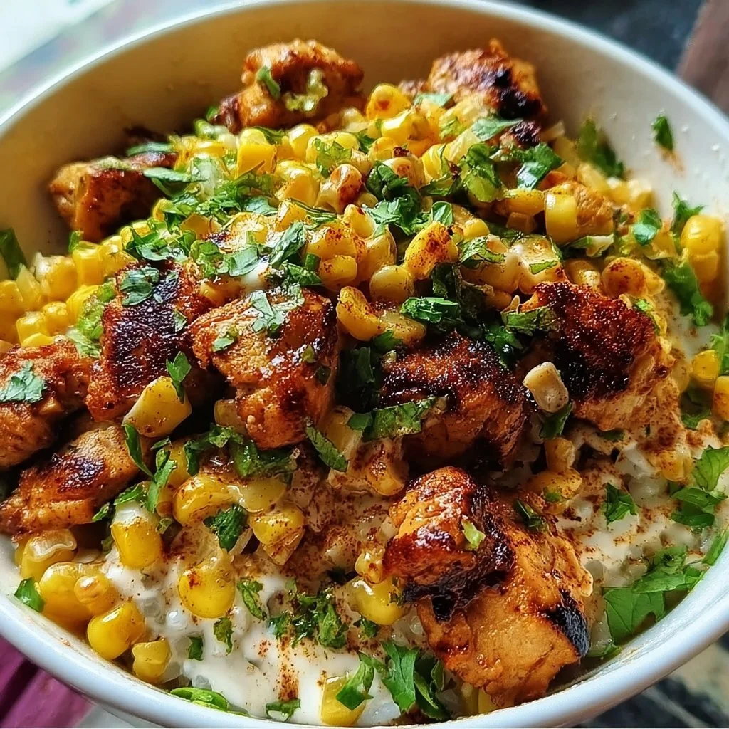 Delicious street corn chicken bowl with grilled chicken and toppings